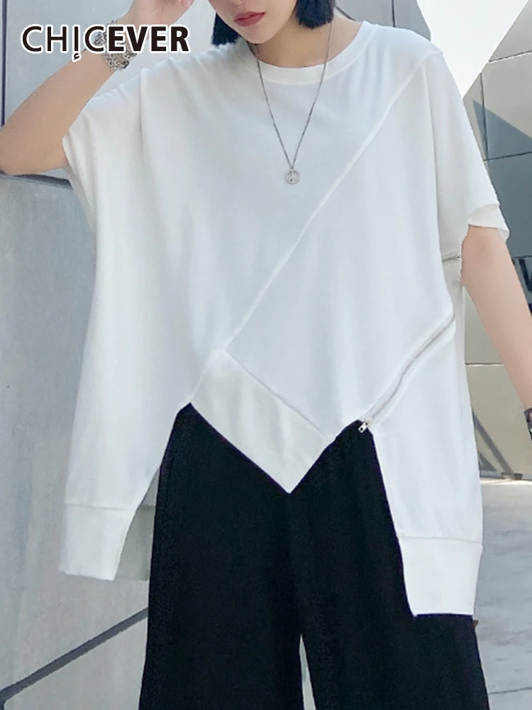 

CHICEVER Solid Loose T Shirt For Women Round Neck Short Sleeve Patchwork Zipper Irregular Hem Summer T Shirts Female 2023 New
