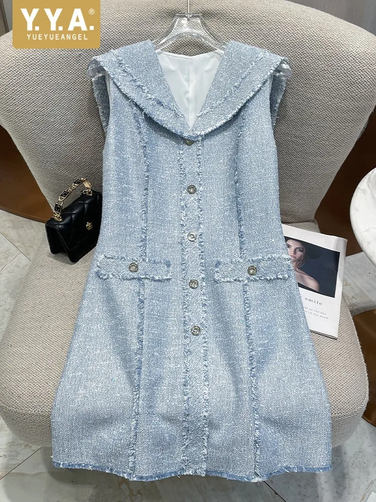 

Summer New Women New Sailor Collar Single Breasted Mini Tank Dress Slim Fit Vintage Tassels Sundress Ladies Casual A Line Dress