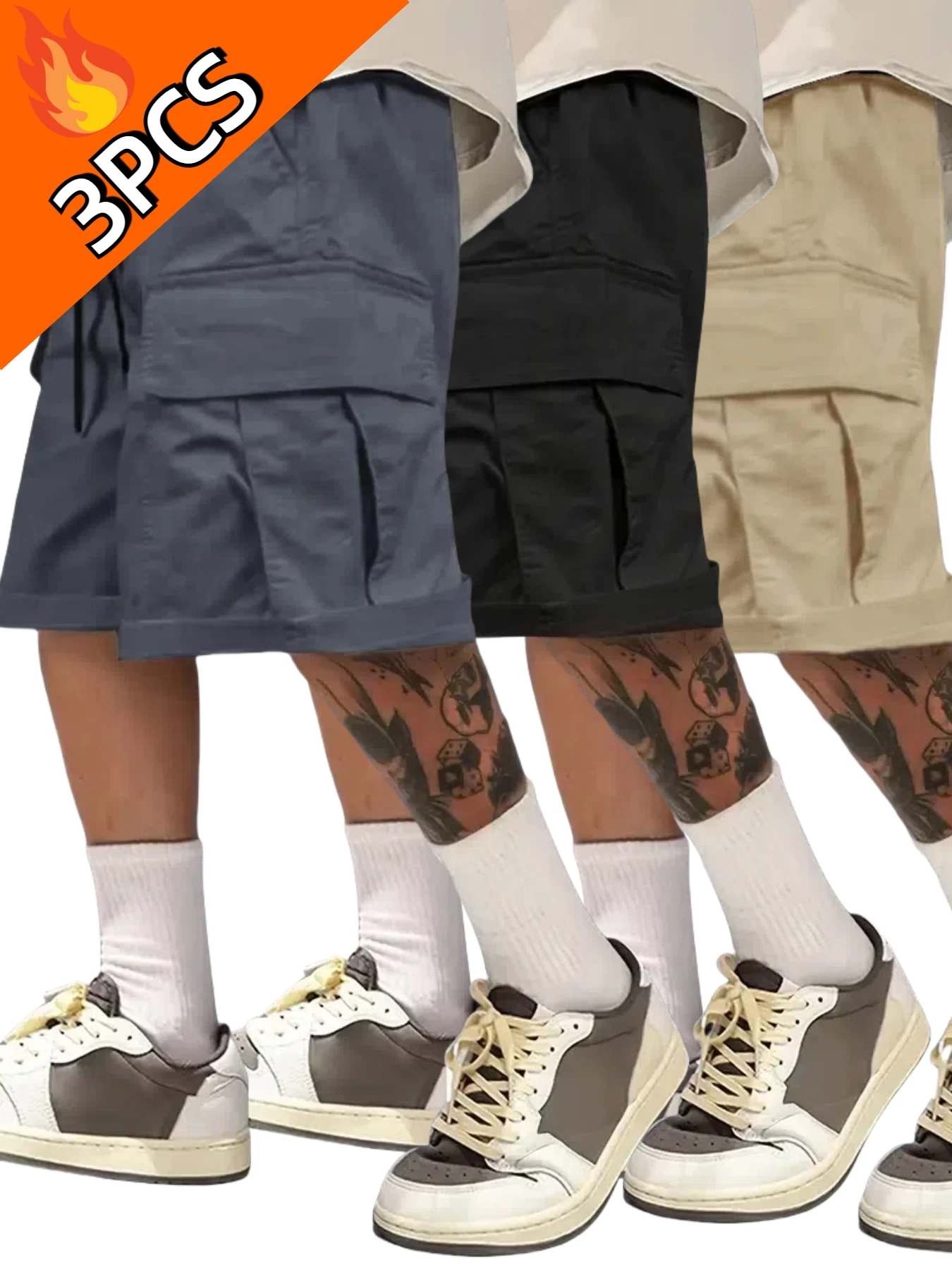 3Pcs Summer Three-Piece Set of Men's Cargo Shorts, Casual, Fashionable and Versatile, Multi-Flap Pocket Pants Design, Simple Wear, Elastic Elastic Waist, Suitable for Leisure Sports