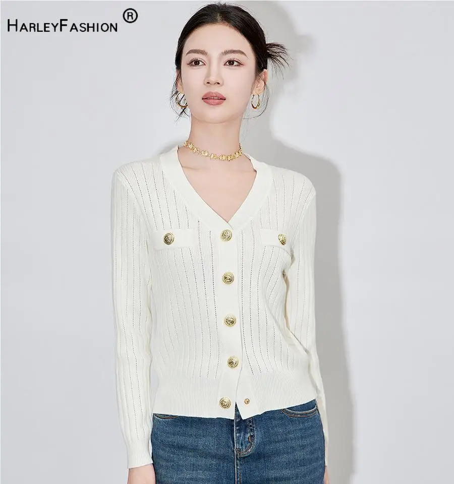 Vintage Elegant Style Lady Solid Office Casual Wear V-neck Long Sleeve Single-breasted Knits Cardigan Women