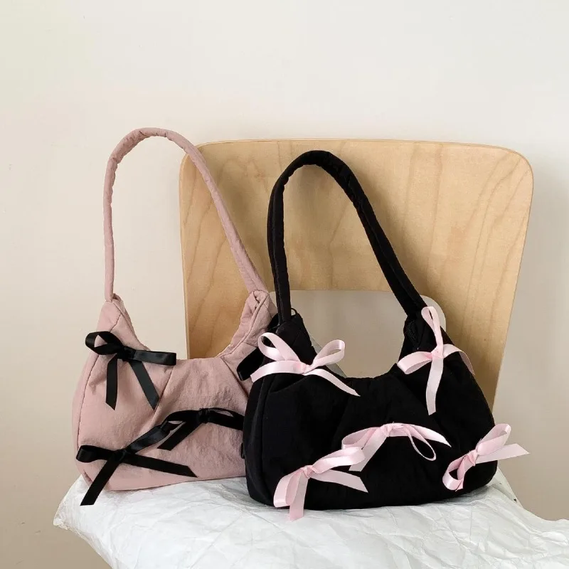 

Balletcore Bow Underarm Shoulder Bag Sweet Nylon Handheld Purse for Girl Designer Tote with Ribbon Strap Elegant Minimalist Bag
