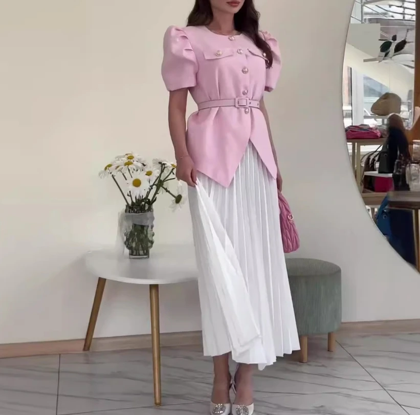 Women\'s Two Piece Elegant Fashion Versatile Round Neck Button Puff Short Sleeve Slit Hem Blouse and pleated Long Skirt Set