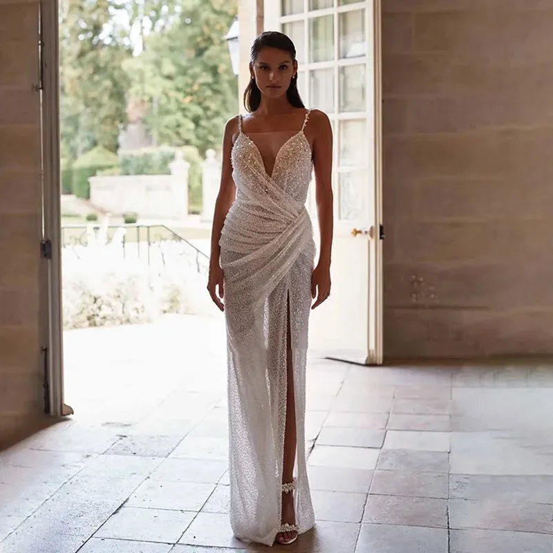 Robe de Mariée Sirène Sexy à Col en V, Dos aux, Bretelles Spaghetti, Plis, Perles Brillantes, Fente Haute, 2024