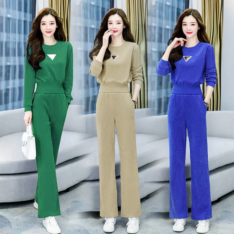 

Women's Leisure 2022 Spring Autumn New Bodywear Office Occupation Suit Crop Top Wide Leg Pants Two Piece Set For Women Tracksuit