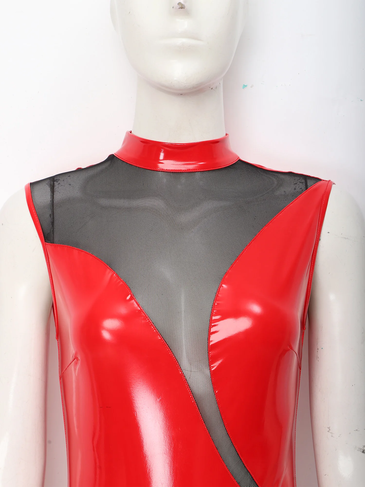 Womens Patent Leather Bodysuit Jumpsuit Sleeveless Invisible Zipper Back Mesh Patchwork Shiny Leotard for Disco Party Clubwear view 4