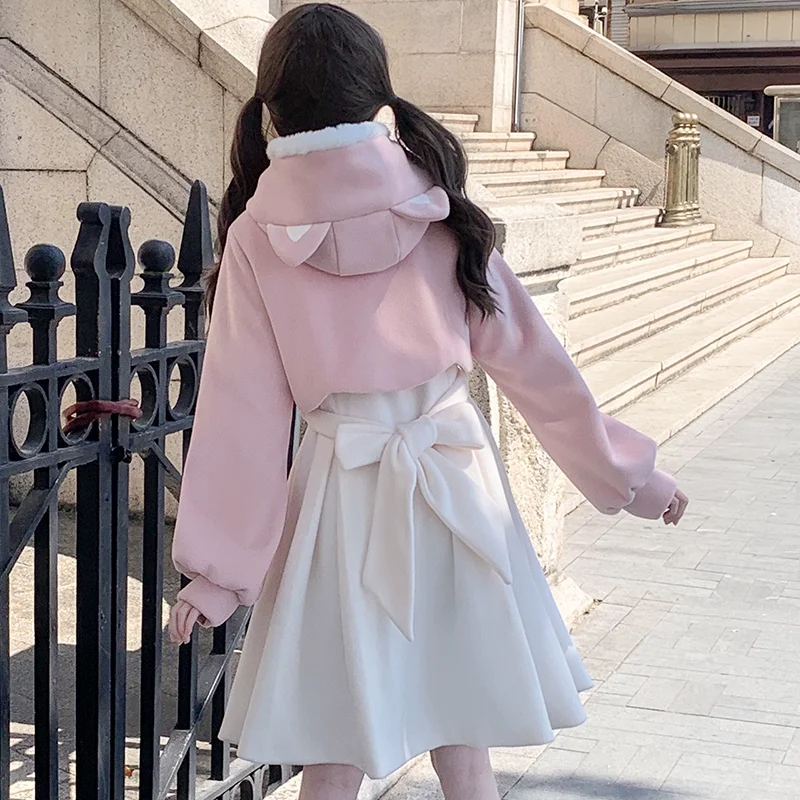

MAGOGO Winter Japanese Sweet Bow Slim Medium Long Woolen Coat Kawaii Lolita Girl Cat Ear Hooded Pink Patchwork Jacket Overcoat