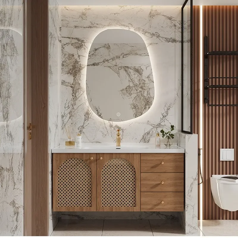 for Japanese Style Log Wind Bathroom Cabinet Rattan Combination Integrated Ceramic Basin Toilet Hand Wash Sink Oak Simple
