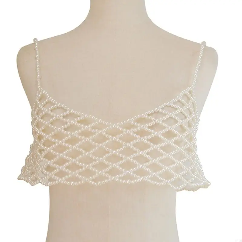 

P8DB Womens Handwoven Pearl Body Chain Mesh Net Crop Top Festival Party Beaded Hollowed Out Body Jewelry Camisole Mini Vests