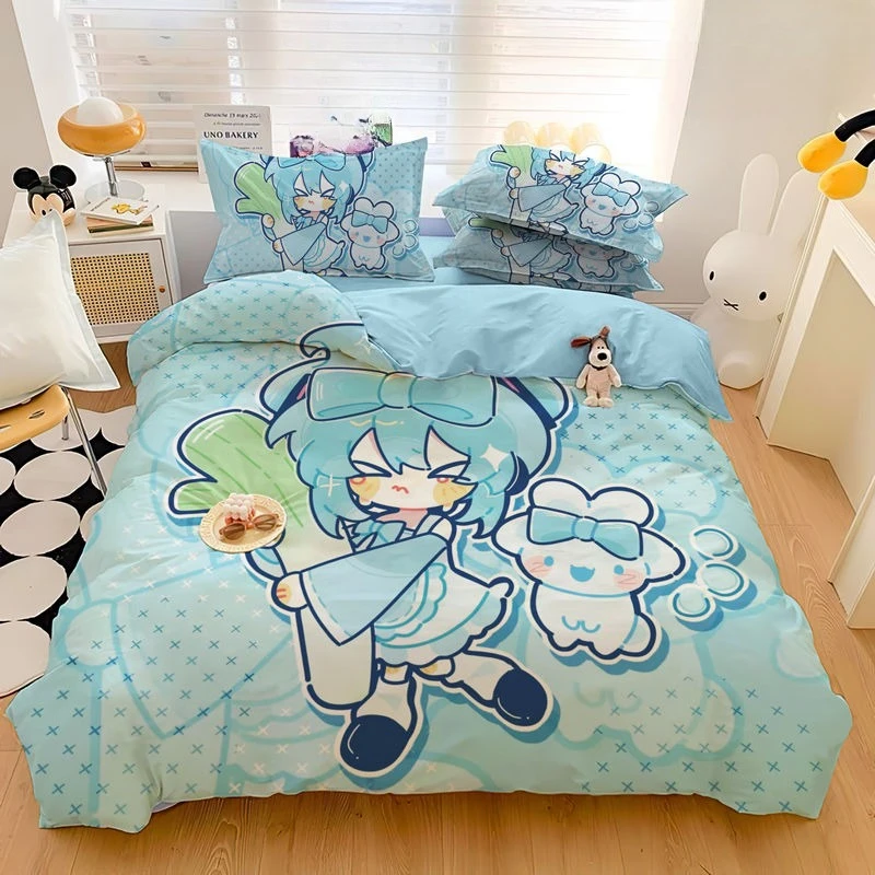 初音ミク-二次元のかわいい漫画アニメの男女学生寮のシーツとキルト寝具の4点セット