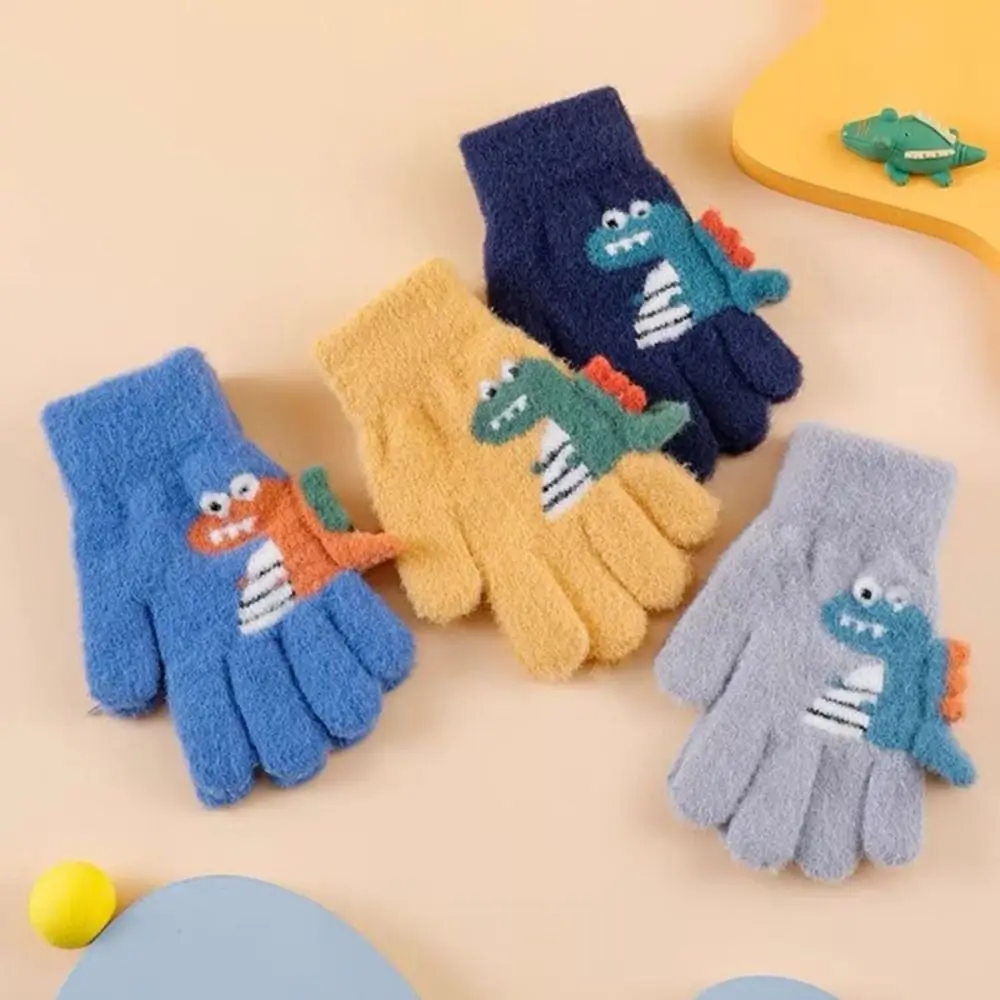 Cute Dinosaur Children Knitted Gloves 4-9 Years Boy Girl Kids Winter Hand Warmer Thicken Woolen Five Finger Gloves Baby Mittens