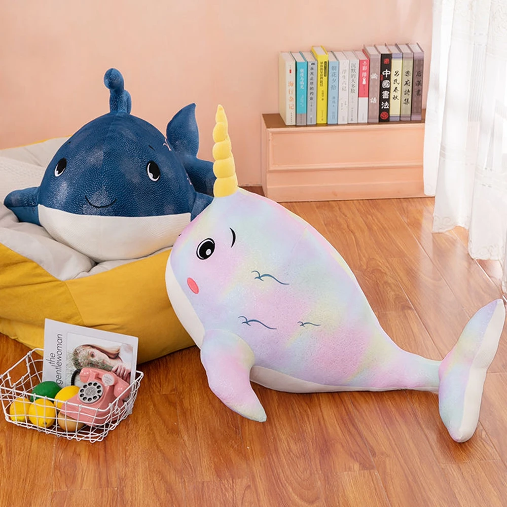 Peluche balena da 30 cm con un corno carino lenisce dormire attività di animali marini souvenir bambola blu compleanno bambino regalo di Natale