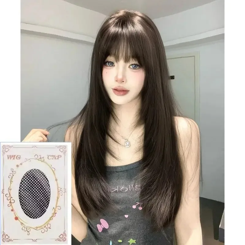 شعر مستعار بني أشلي للنساء، شعر مستعار طويل مستقيم مع غرة من ألياف تتحمل درجات الحرارة العالية، شعر مستعار للاستخدام اليومي