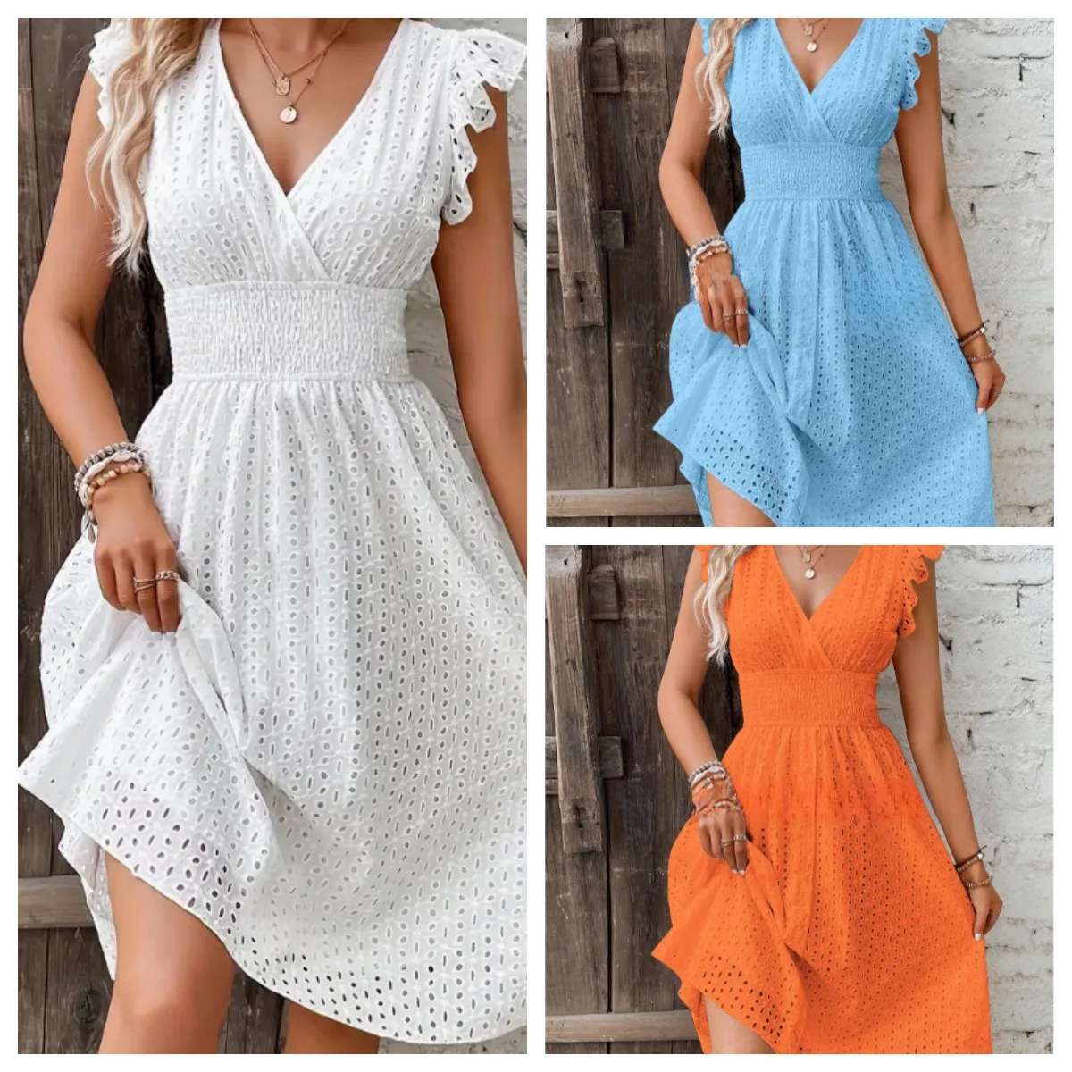 

Summer Women V-Neck Beach Dress Flare Sleeve Solid Color Hollow Lace Waist Dress Casual Beach Holiday Dresses