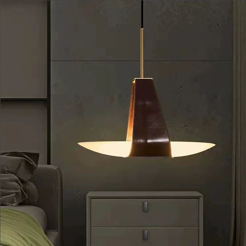 

Nordic Designer Leather Pendant Light Oval White Acrylic Hanging Lamp Creative Living Room Bedroom Kitchen Restaurant Chandelier