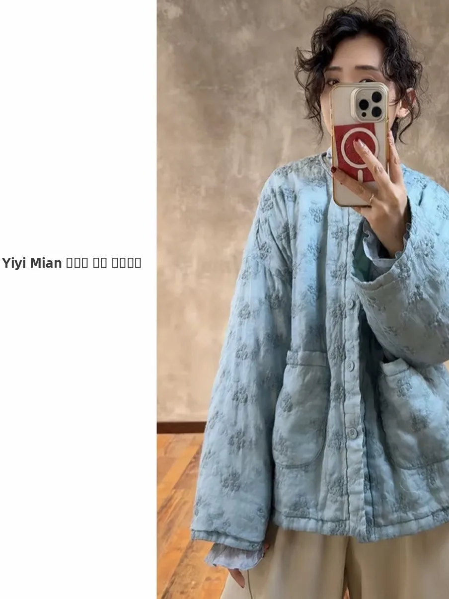 

Fre Cotton Jaet Outerwear Embroidered Heavyweight Hemp Loose Comfortable Autumn Winter Sle Retro round Ne Long Sve