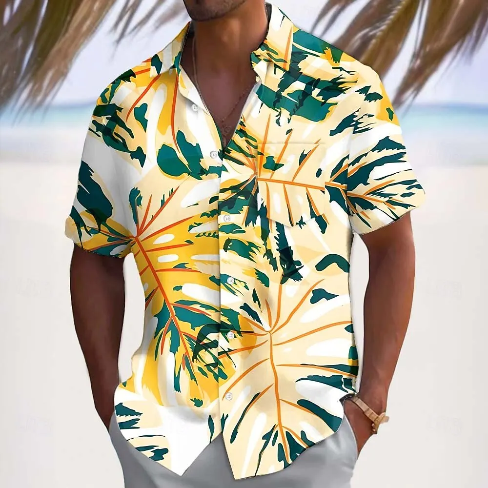 

Мужская летняя рубашка с коротким рукавом и 3D-принтом «Пальмовые листья и тропические растения», пляжная одежда, с воротником и одним передним карманом, коллекция 2026 года