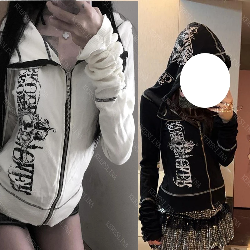 

Y2K Тонкий короткий женский кардиган с капюшоном, уличная эмо-девушка, Harajuku, американский ретро-хип-хоп, панк-рок, универсальный повседневный свитер