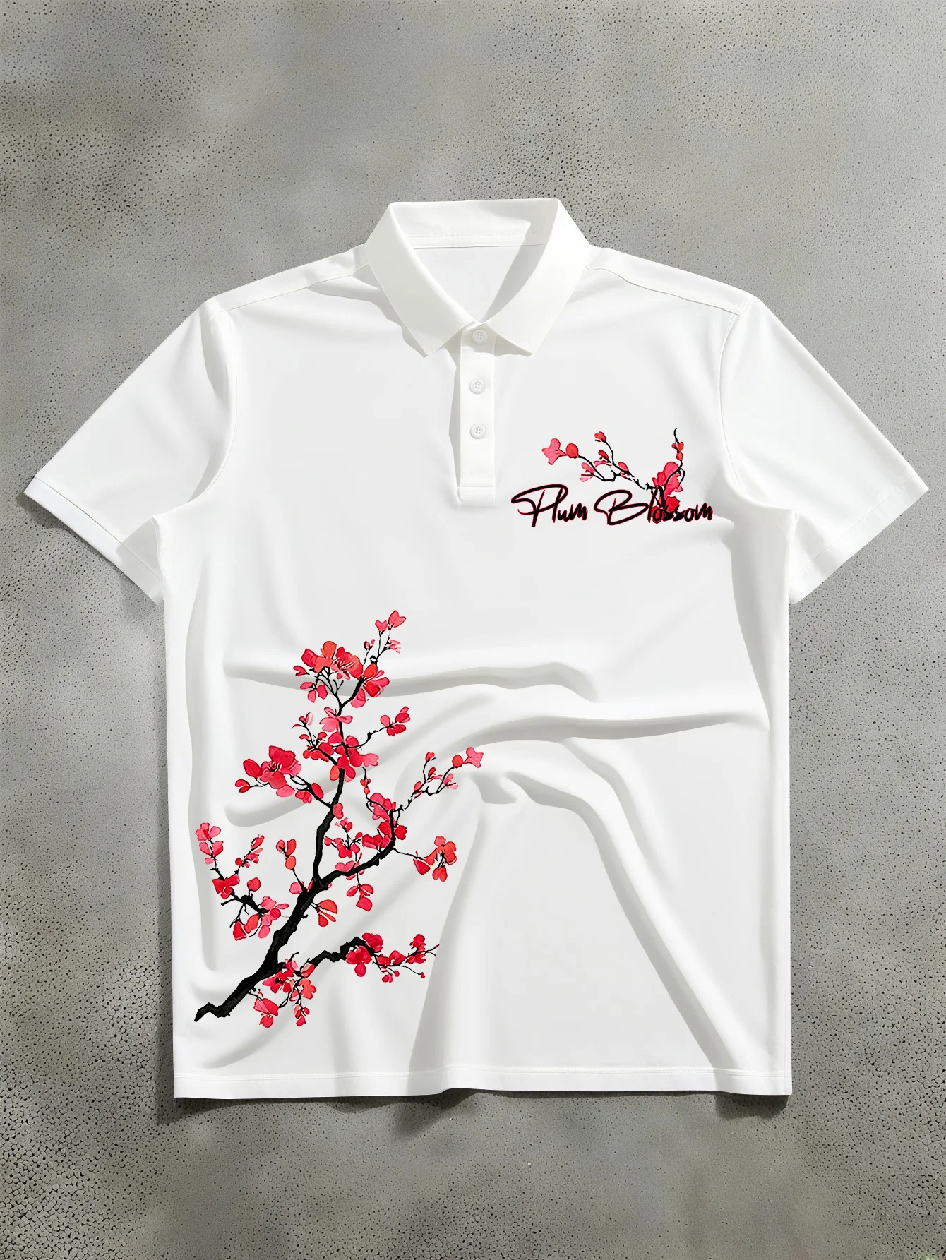 New men's and women's short sleeved polo shirt American China-Chic style, ink red plum branch hand printed polo shirt