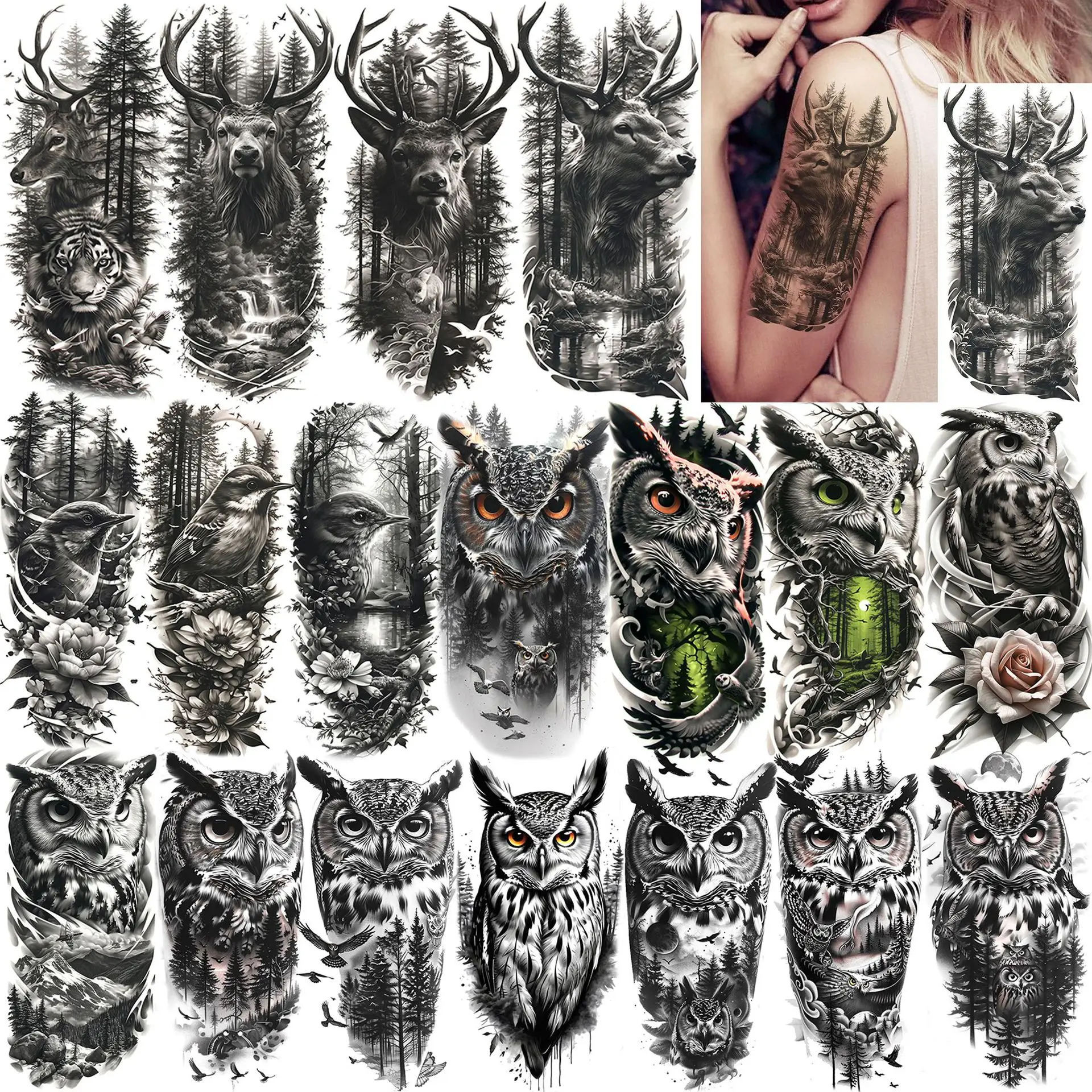 

Temporary Tattoo Stickers Owl Flower Niche Design Waterproof Premium Non Toxic Long Lasting Skin Safe for Arm Calf