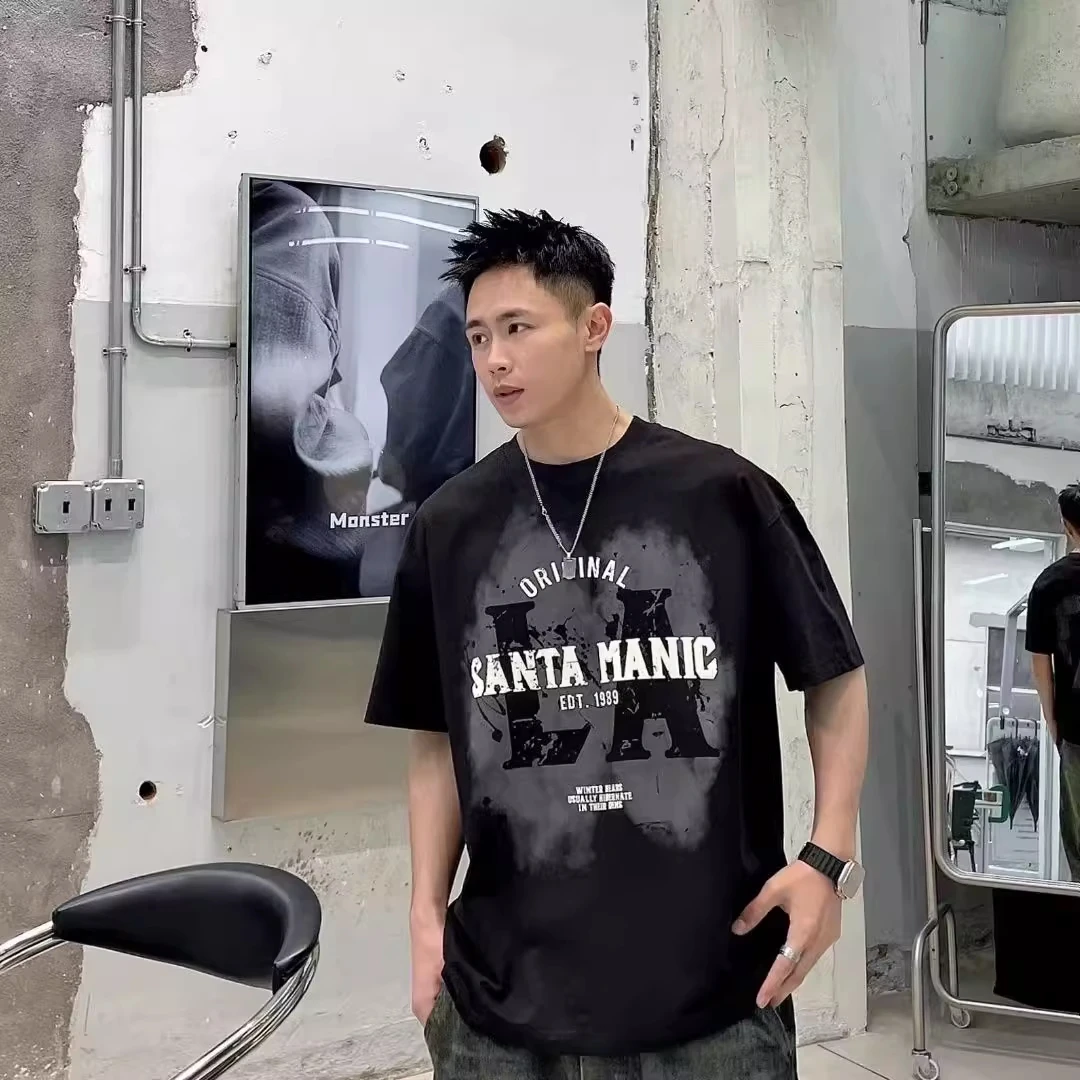 

Футболка оверсайз из чистого хлопка с буквенным принтом в американском уличном стиле, летняя, свободного кроя, размер 300 Pou