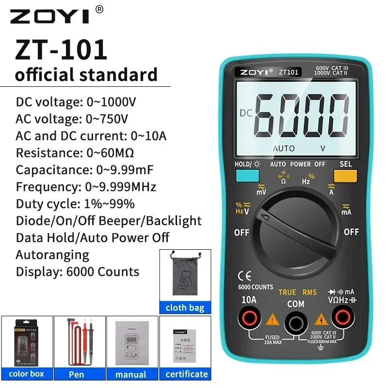 ZOYI Digital Multimeter Ammeter Voltmeter Resistance Frequency backlight Meter voltage Diode Frequency ZT98 ZT100 ZT101