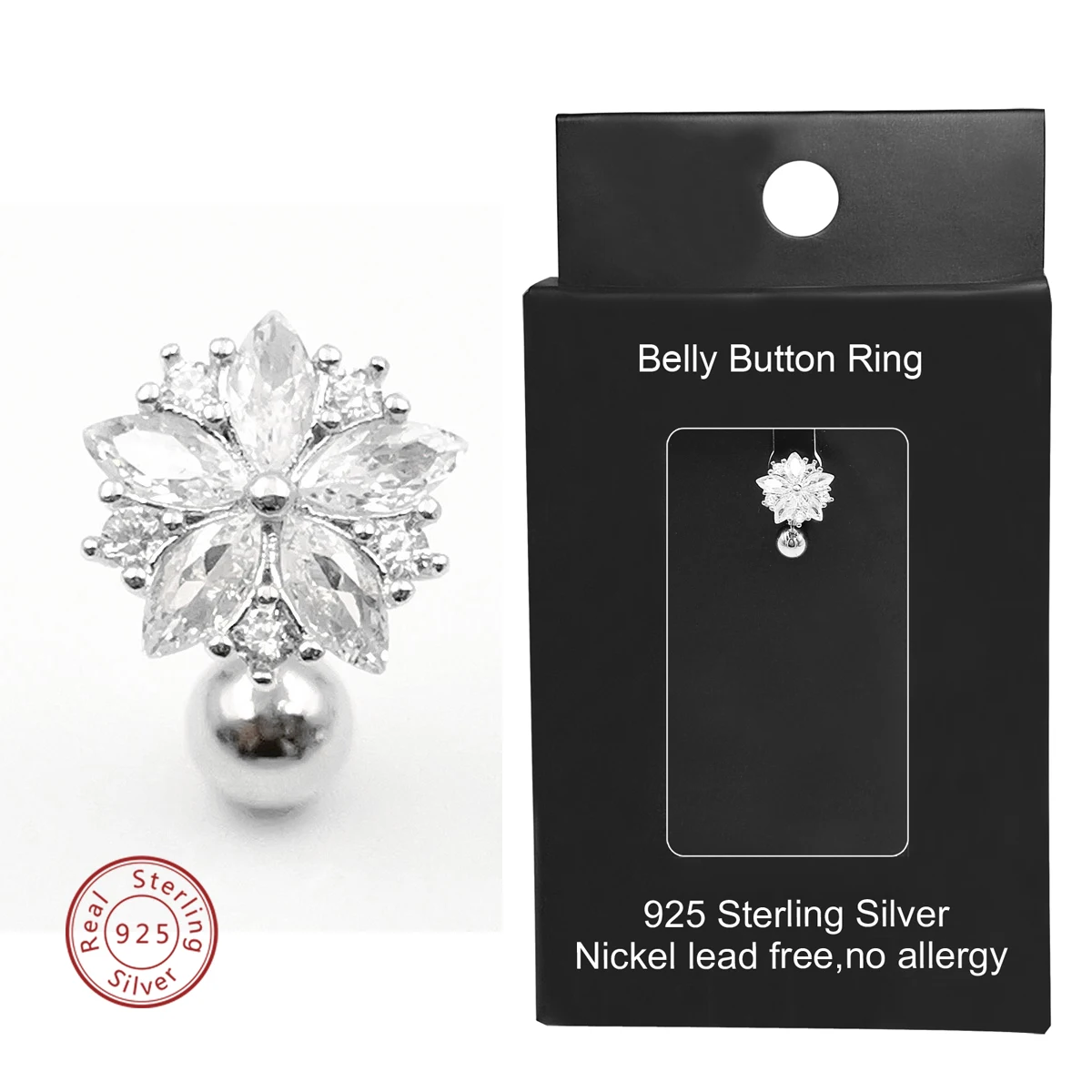 1PC 925 Sterling Silver Belly Button Rings for Women Girls Navel Rings Flower Shape CZ Body Piercing