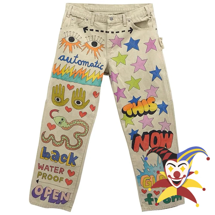 

Hand Drawn Cartoon pattern Cargo Pants Men Women High Street Vintage Straight Stripe Trousers