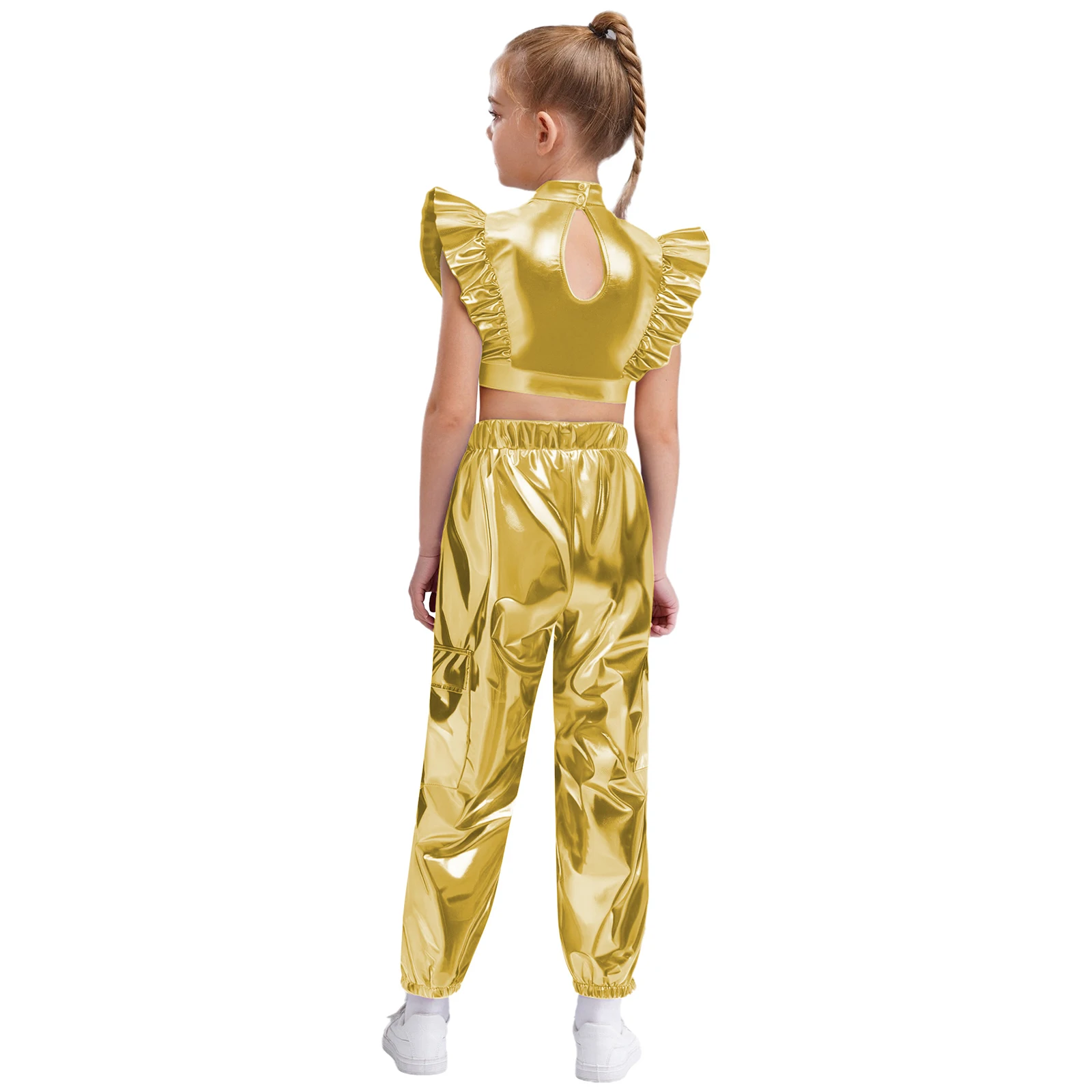 Girls Hip-Hop Jazz Dance Outfits Metallic Shiny Rhinestone Ruffle Crop Tops with Cargo Pants Rave Party Performance Dancewear
