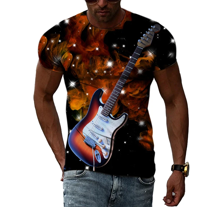 Summer Fashion Guitar Picture  T-Shirts For Men Casual 3D Print Tees Hip Hop Personality Round Neck Short Sleeve Tops