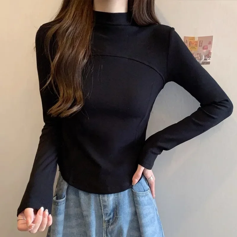 Long Sleeve T-shirts Women Classic Purity All-match Streetwear Bright Line Irregular Leisure Students Gentle Daily Popular Slim