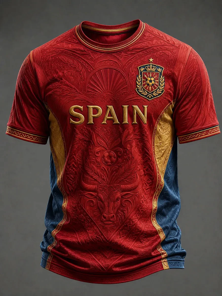 2026 Summer Bull Graphic Football Sports T-shirt Breathable Contrast Trim Loose Short Sleeve Men Women Daily Athletic Casual Top
