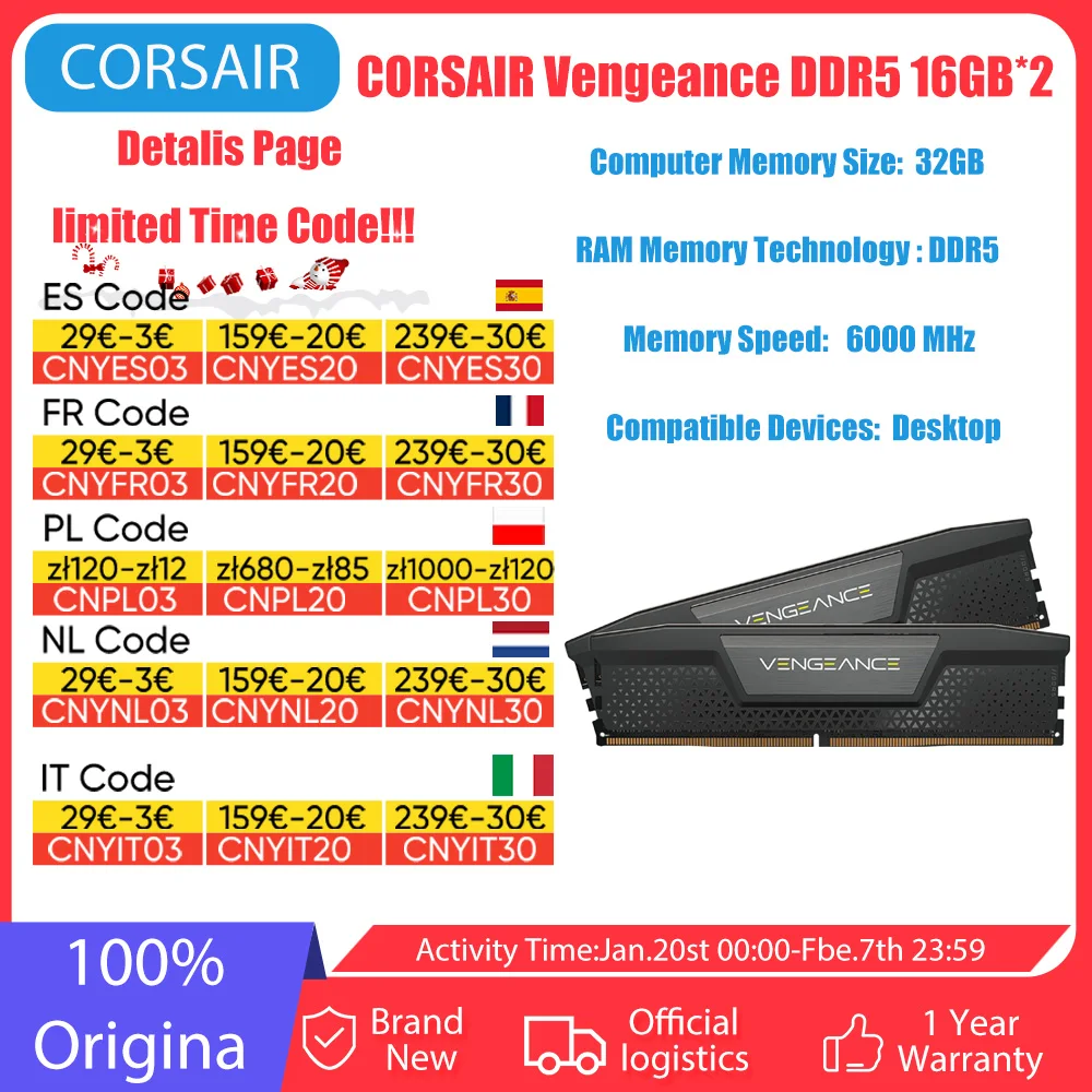 Corsair Vengeance DRAM DDR5 16GB(16G*2) 6000MHz Module Pc Desktop DDR5 Memory Bar Intel XMP 3.0 ICUE Compatible Computer Memory