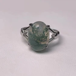 Natural Moss Agate Ring 100% S925 Sterling Silver Ring Simple Men Women Gift Crystal Ring Fine Jewelry