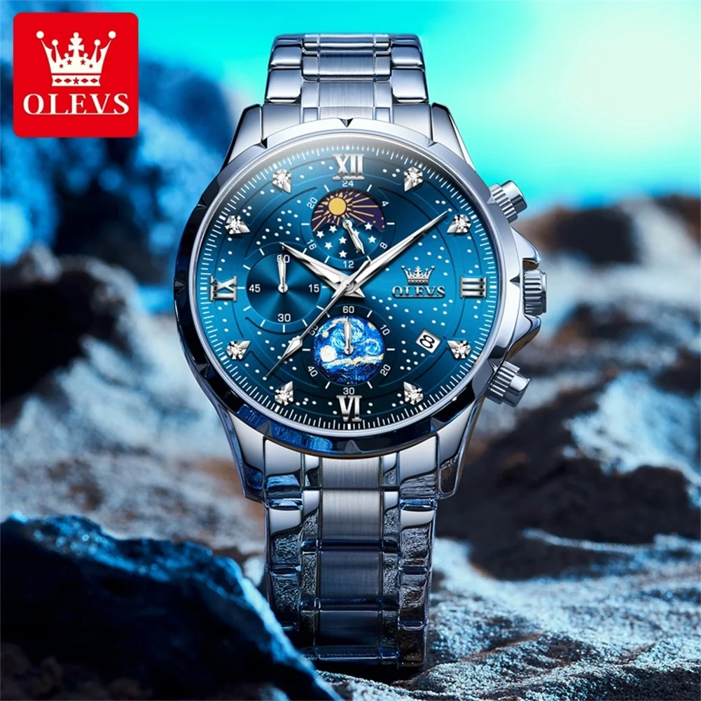 OLEVS Trend Men\'s Watches Moon Phase Luminous Starry Sky Dial Quartz Watch Waterproof Calendar Fashion Original Male Wristwatch