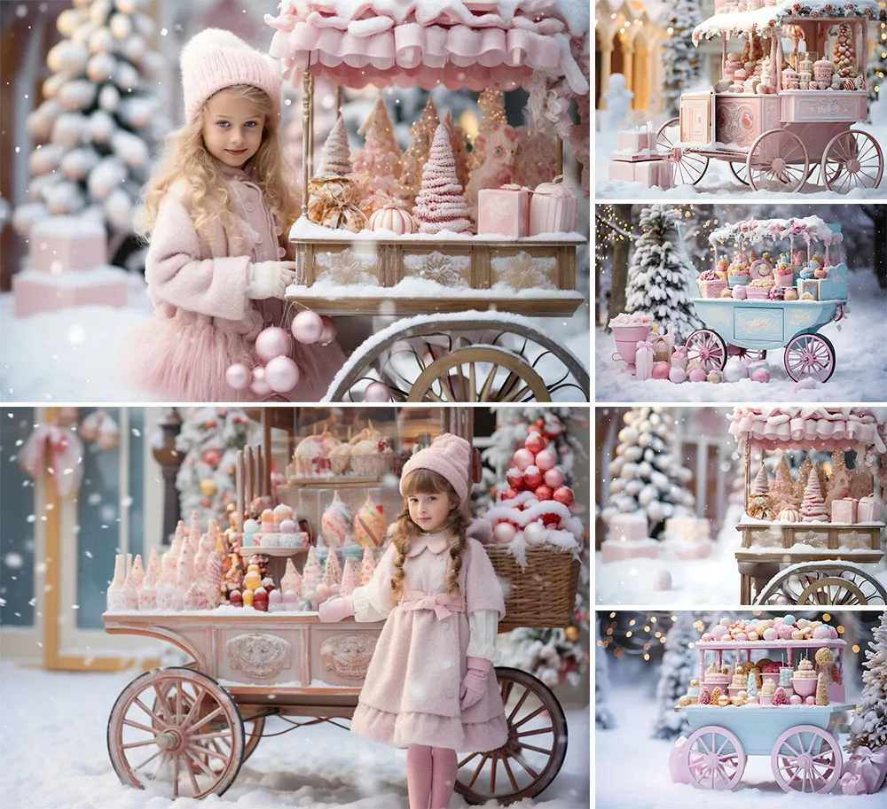 Mehofond Christmas Candy Cart Photography Backdrop Winter Snowy Pine Trees Baby Birthday Family Xmas Holiday Portrait Background