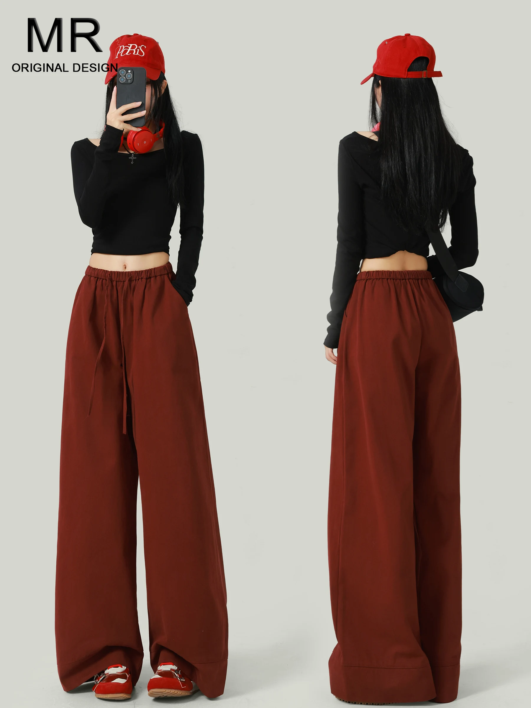 

Laid-back Style Red High Waist Drawstring Wide Leg Pants Women's Loose Drapey Casual Trousers Fall 2026 New Slimming Loose Ca...