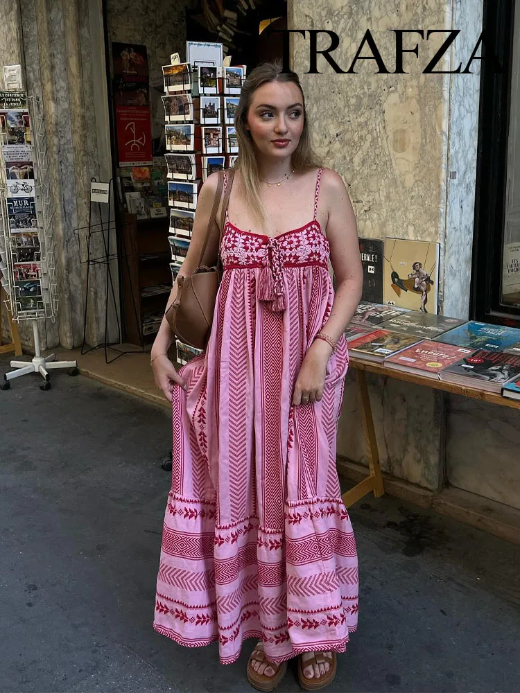 TRAFZA Women Fashion Dresses Pink Square Collar Sleeveless Backless Embroidery Decorate Female Summer Vintage Chic Long Dress