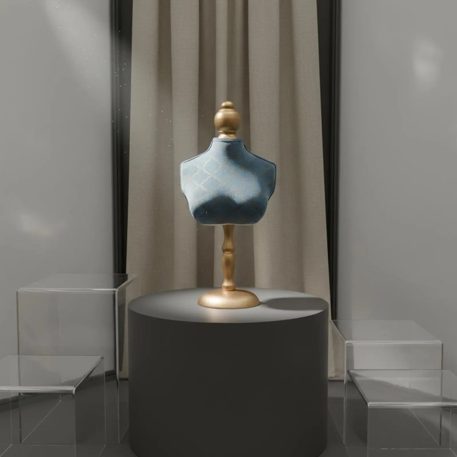 

3 Pieces Blue Velvet Necklace Bust Elegant Gold Trim Jewelry Display Stand Necklace Bust Holder Soft Surface for Bedroom Vanity