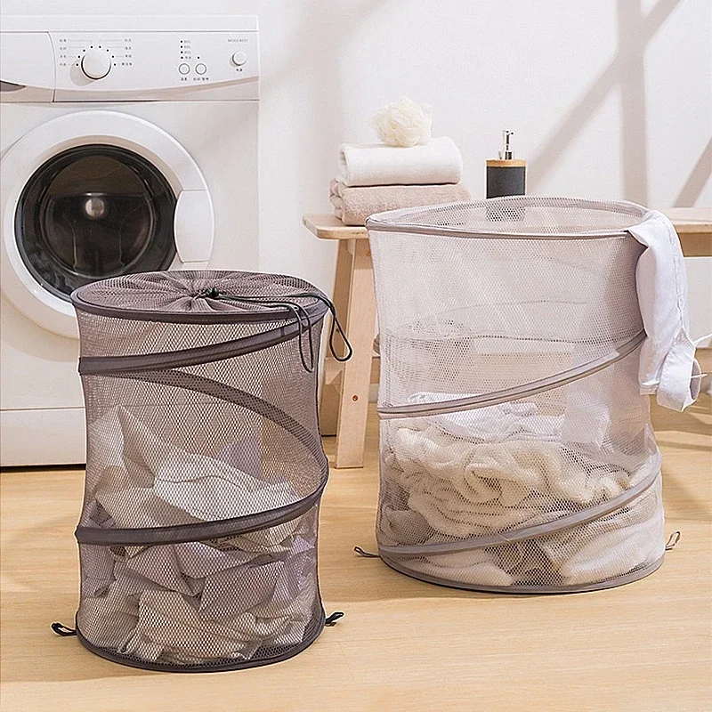 

Large Capacity Dirty Clothes Basket Drawstring Mesh Pop-Up Laundry Hampers Cylindrical Clothes Bucket Organizer Storage Baskets