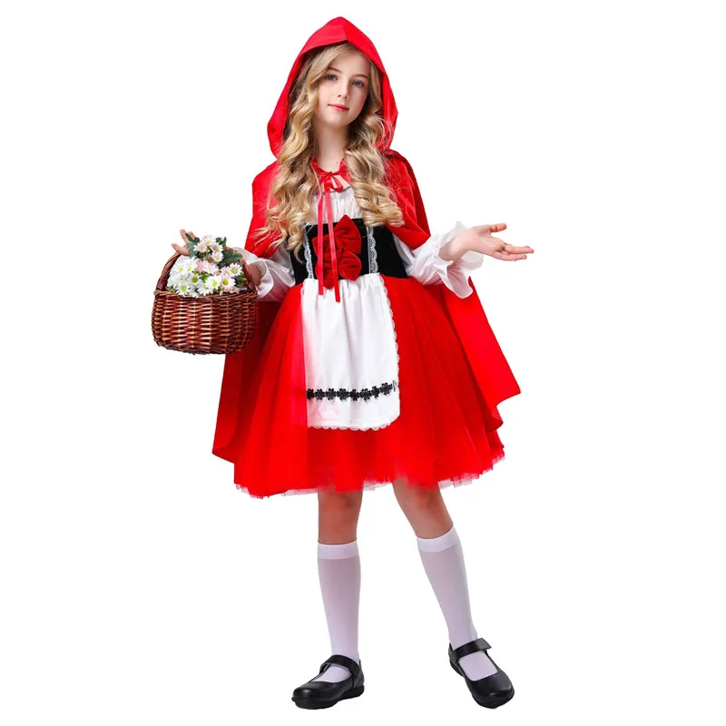 

New Children's Girl Little Red Riding Hood Costume with Red Cape Fairy Tale Drama Stage Cosplay Dress Short