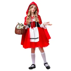 New Children's Girl Little Red Riding Hood Costume with Red Cape Fairy Tale Drama Stage Cosplay Dress Short