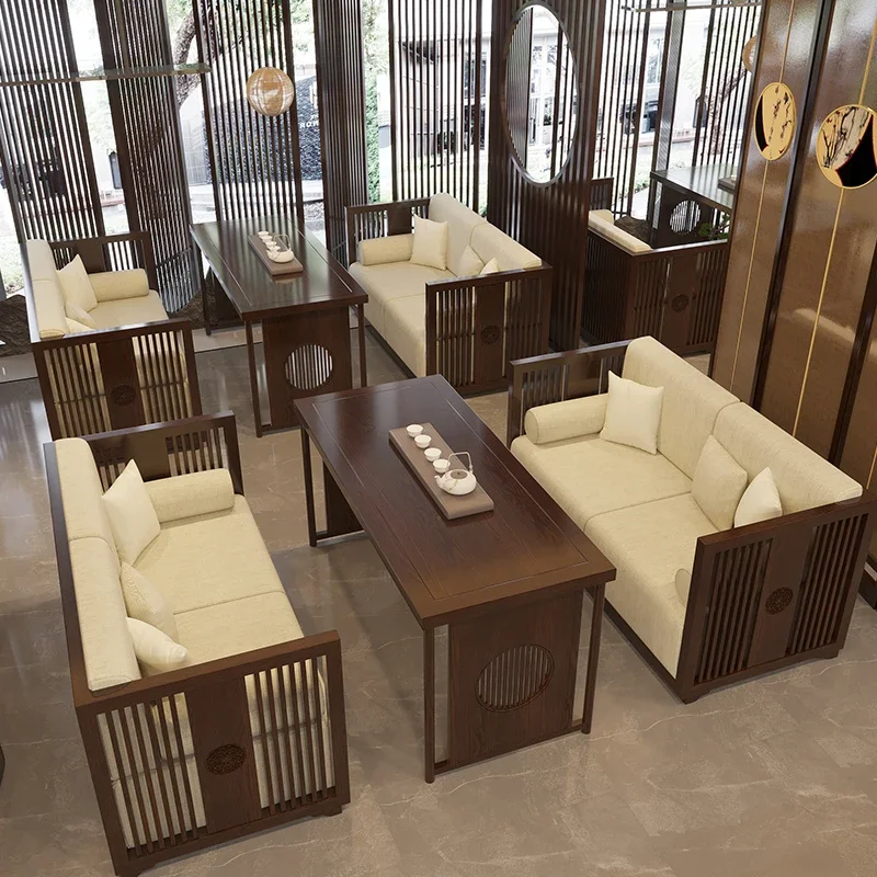 New Chinese style teahouse booth table solid wood sofa combination Zen homestay restaurant hotel box reception negotiation