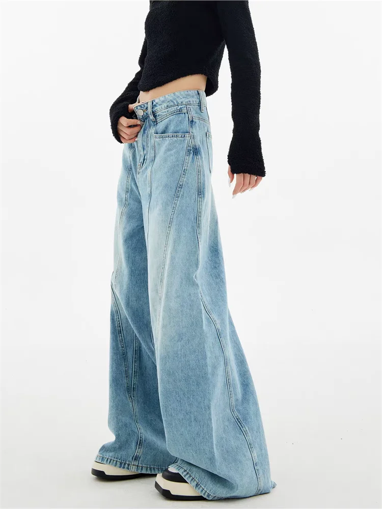 Jean Vintage Patchwork bleu à jambes larges pour femme, pantalon en Denim, mode américaine, bas taille haute, droit, ample