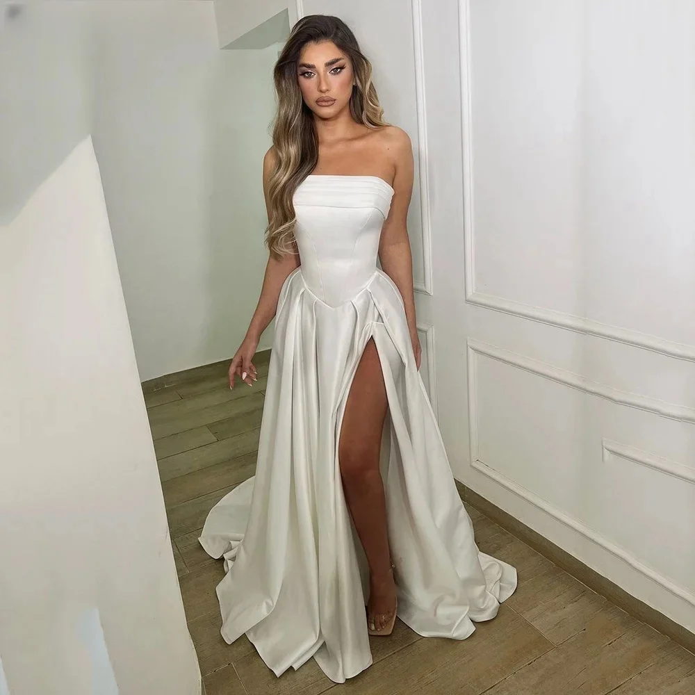 ปรับแต่งวัดซาตินชุดแต่งงานที่ไม่มีสายหนังสายด้านข้าง Sweap Train ชุดเจ้าสาวผู้หญิง Simple Classy Maxi Charming