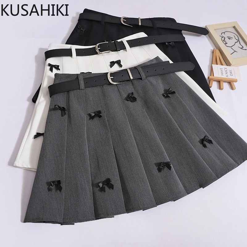 

KUSAHIKI Korean Sweet Bow High Waisted A-line Pleated Short Skirt with Belt Causal Fashion A-line Half Skirts Mujer Faldas