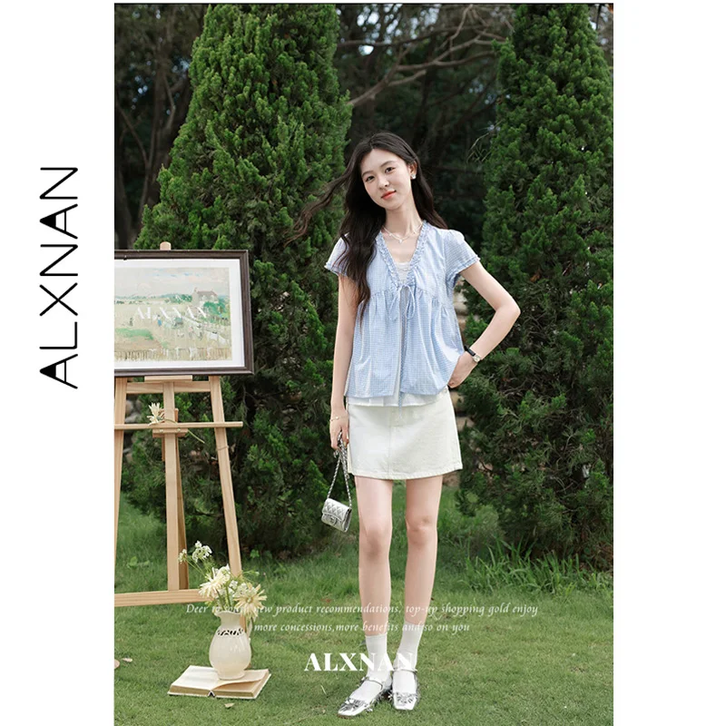 ALXNAN Blue Plaid Fake Two Piece Shirt 2026 Ruffle Trim V-neck Tie Detail Design Shirts Elegant Casual Ladies Clothing DYL662887 view 4