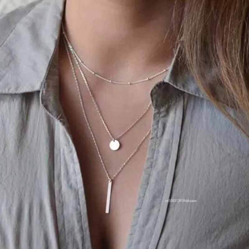 Multi-layer European and American Fashion Jewelry New Copper Bead Chain Sequin Metal Strip Necklace Round 1 Word Long Necklace