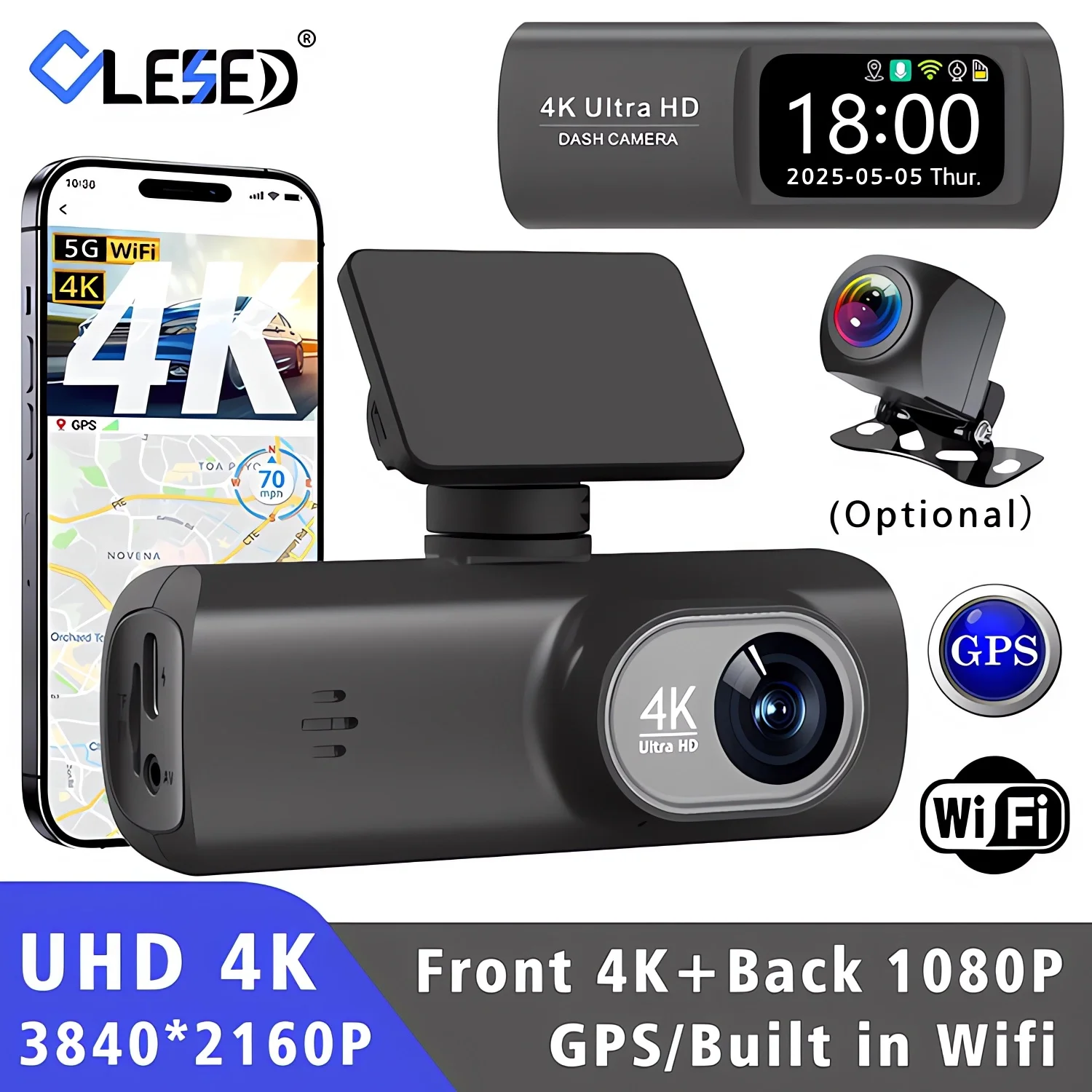 

4K 2160P Dash Cam GPS WiFi Car DVR Mini Dual Lens Dashcm Front And Rear Auto Camera with Night Vision 24H Parking Monitor