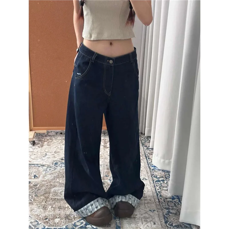 Jeans in denim a gamba larga a vita alta da donna taglie forti Pantaloni larghi a taglio dritto con lunghezza al pavimento retrò americana