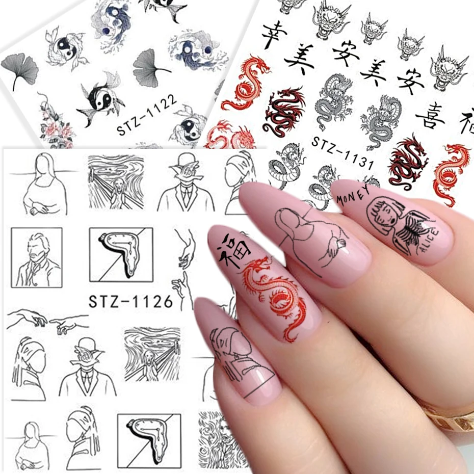 Black Stickers for Nails Abstract Image Women Face Angel Baby Dragon Snake Gel Polish Decal Manicure Accessories NLSTZ1114-1137